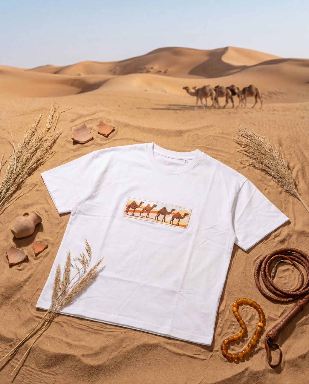 Desert Caravan Oversize Tee — Tricou brodat manual cu caravană în deșert
