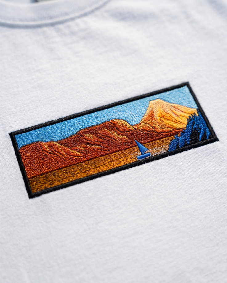 Mountain Lake Oversize Tee — Tricou brodat manual cu peisaj montan
