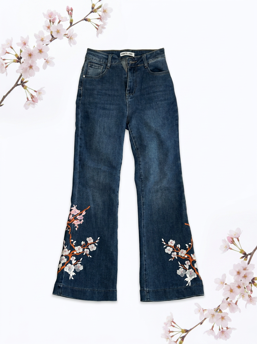 FLORA Sakura Jeans — Blugi flared brodați manual